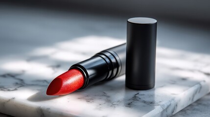 Red lipstick on white marble surface in natural light