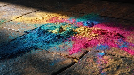 Colorful powder in vibrant shades of blue, pink, and yellow scattered across a rough stone surface in sunlight.