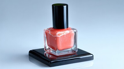 Coral nail polish bottle mockup on glossy black pedestal