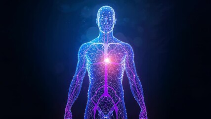 Fading wireframe torso initiating chest pulse tracing blue purple network lines in cyberspace - Powered by Adobe
