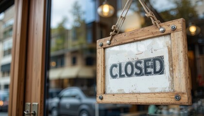 A  captures a rustic "CLOSED" sign hanging on a glass storefront, framed by weathered wooden boards and simple rope.