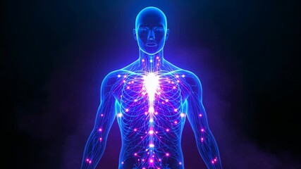 Revealing torso model in studio intensifying neon blue vessels pulsing pink nodes to heart core - Powered by Adobe