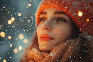 Woman in red hat and scarf surrounded by falling snow.
