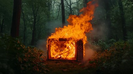 Smoke curling inside CRT television igniting bright orange flames spreading over mossy forest floor - Powered by Adobe