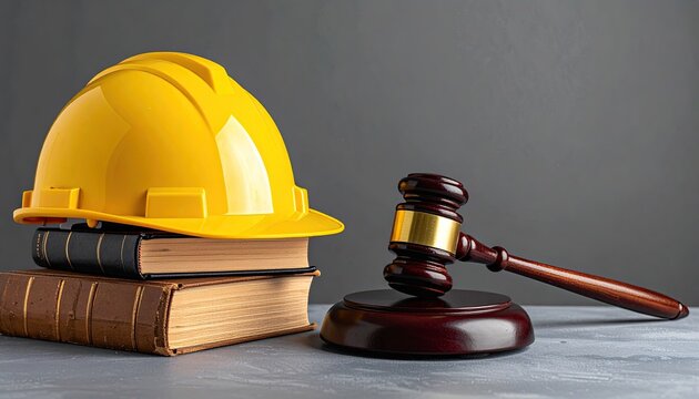 Yellow hard hat atop books, beside judge's gavel on table