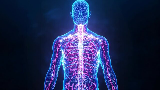 Lighting holographic form nodes on spine and limbs at third second boosting pink blue network