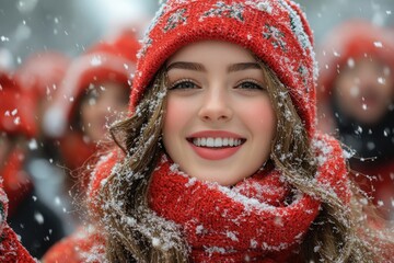 Girl in red scarf and hat with snow on her face.