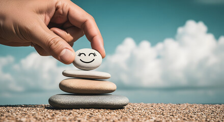 Enjoying Life Concept. Harmony and Positive Mind. Hand Setting Natural Pebble Stone with Smiling Face Cartoon to Balance on Beach Sand. Balancing Body, Mind, Soul and Spirit. Mental Health Practice
