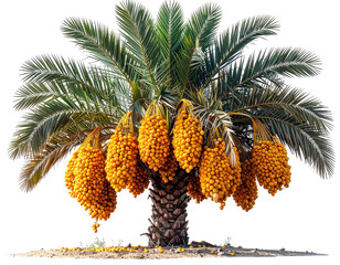Lush date palm tree laden with ripe, golden dates