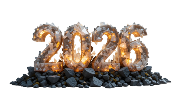 2026 New Year Rock Numbers PNG Transparent Background Glowing Metallic Digits Surrounded by Dark Stones and Embedded Lights
