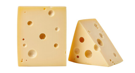Isolated Swiss cheese, chunk and wedge, pale yellow dairy product with holes, Emmental