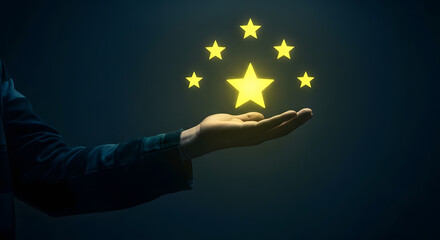 Customer Experience Concept, Best Excellent Services for Satisfaction present by Opened Hand of Client giving a Five Star Rating