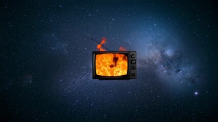 Upon ignition vintage TV set pulsing orange flames above screen in outer space, cosmic contrast - Powered by Adobe
