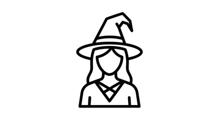 Isolated icon of a Halloween witch with a pointy hat and cape, simple black line design