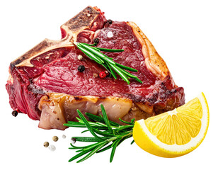 Close-up of a seasoned steak, with rosemary and lemon