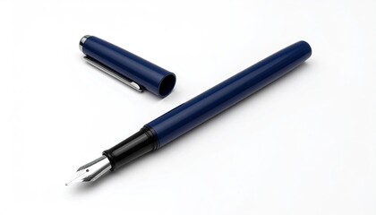 Dark-blue fountain pen, cap off, on white background