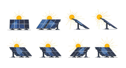 Set of Solar Panels Capturing Sun Energy at Various Angles Renewable Power Source Illustrations.