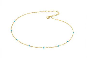 Fototapeta premium Elegant golden chain necklace with blue beads isolated on transparent background
