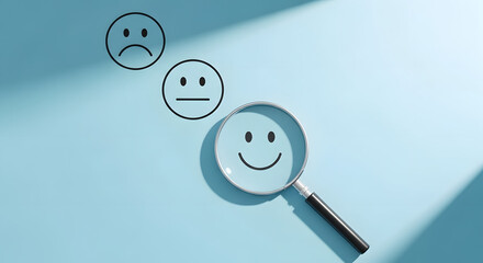 Find joy smiley face icon magnified in glass among sadness. Customer satisfaction and evaluation post-service or marketing survey. Magnifying, satisfaction, reputation depicted.