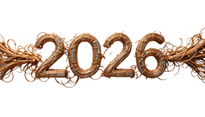 2026 New Year Vine Numbers PNG Transparent Background Wooden Digits with Flowing Tendrils and Embedded Blue Accents