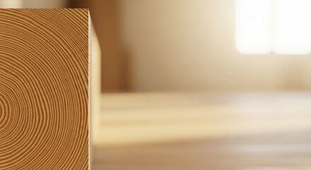 Wood block showing growth rings against blurred background creates space for text. Grain wood block displays natural textures and intricate patterns, creating beautiful space for text.