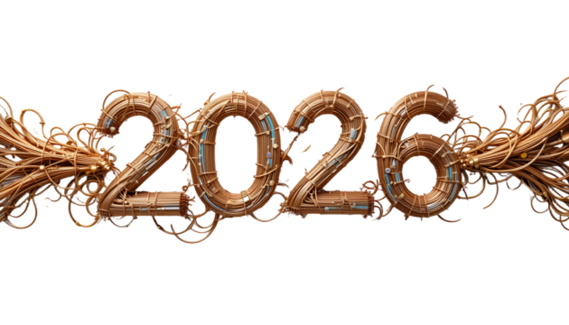2026 New Year Vine Numbers PNG Transparent Background Wooden Digits with Flowing Tendrils and Embedded Blue Accents