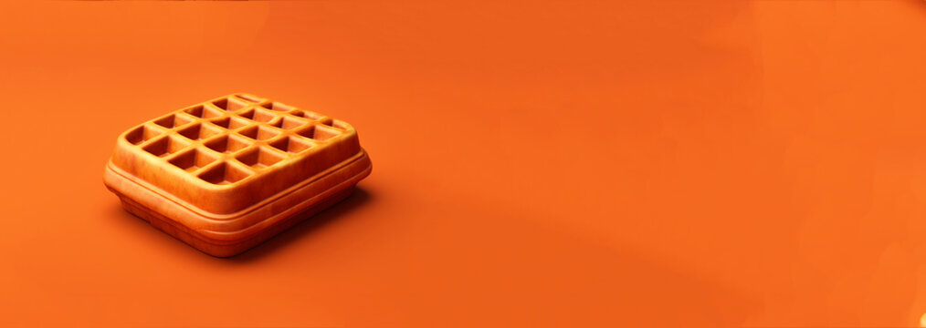 A mouth-watering close-up of a golden Belgian waffle, perfect for a food blog or bakery banner. Belgian waffle orange background copy space. close up food banner waffle