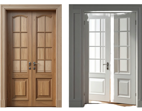 Two doors, light brown and white, with glass panels