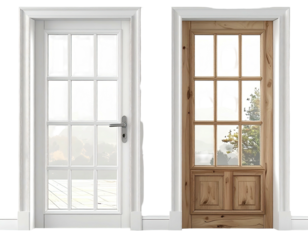 Two interior doors, one white, one light brown, with multiple small panes