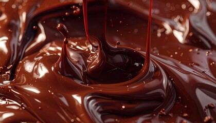 Rich, dark liquid chocolate cascading into a glossy pool, creating mesmerizing ripples and waves of pure indulgence
