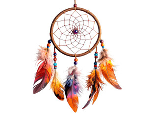 Dream catcher, circular frame, colorful feathers