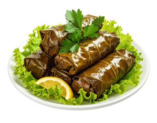 Grape leaves, stuffed with filling, served on lettuce and lemon