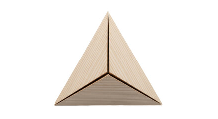 Isolated wooden tetrahedron stands at the center of a neutral, soft workspace surface