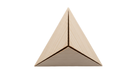 Isolated wooden tetrahedron stands at the center of a neutral, soft workspace surface