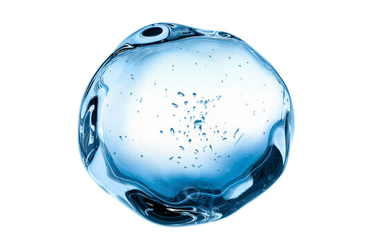Transparent gel blue liquid drop with bubbles, isolated on white. Modern abstract sphere symbolizing purity, freshness, clarity, and hydration.