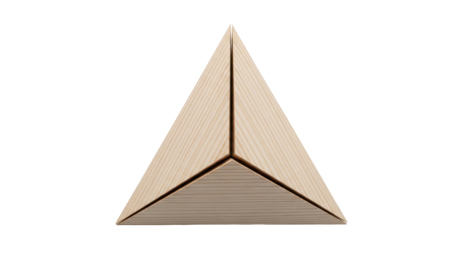 Isolated wooden tetrahedron stands at the center of a neutral, soft workspace surface