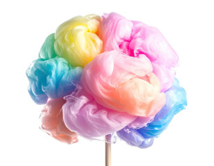 Vibrant rainbow-colored cotton candy, a fluffy cloud on a stick