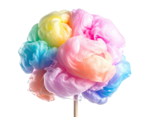Vibrant rainbow-colored cotton candy, a fluffy cloud on a stick