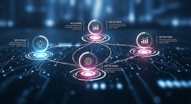 Futuristic technology network with glowing nodes and circuit board connections
