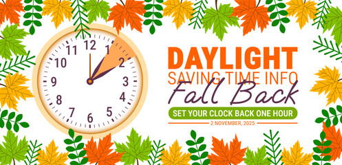 Fall Back. daylight saving time ends 2025 background or banner design template. Daylight Saving Time is Over. The clock turns back one hour on November 2, 2025. Fall back concept banner. Vector