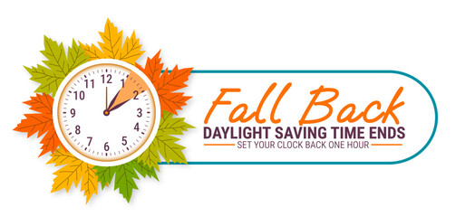 Fall Back. daylight saving time ends 2025 background or banner design template. Daylight Saving Time is Over. The clock turns back one hour on November 2, 2025. Fall back concept banner. Vector