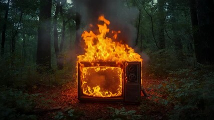 Igniting CRT TV set in forest after flame appearing, bright orange fire glowing embers grey smoke - Powered by Adobe