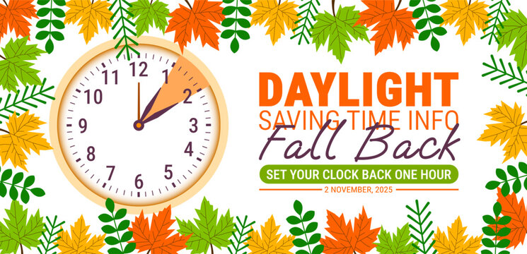 Fall Back. daylight saving time ends 2025 background or banner design template. Daylight Saving Time is Over. The clock turns back one hour on November 2, 2025. Fall back concept banner. Vector