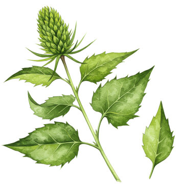 Watercolor teasel plant with spiky leaves and cone-shaped flower head isolated on white background