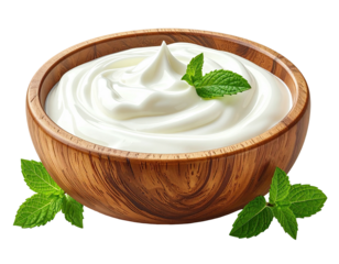 Creamy, whipped dairy product in a wooden bowl, garnished with fresh mint leaves