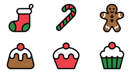 Fototapeta premium Vector art of christmas icons, including stocking, candy cane, gingerbread man, pudding, cupcake, and muffin for holiday designs