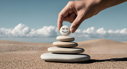 Enjoying Life Concept. Harmony and Positive Mind. Hand Setting Natural Pebble Stone with Smiling Face Cartoon to Balance on Beach Sand. Balancing Body, Mind, Soul and Spirit. Mental Health Practice