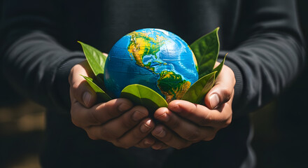 World Earth Day Concept. Green Energy, Renewable and Sustainable Resources. Environmental and Ecology Care. Hand Embracing Green Leaf and Handmade Globe