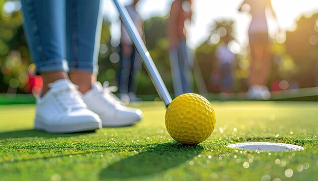 Person about to putt a golf ball on a mini golf course