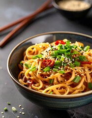 Bowl of Asian noodles with garnishes